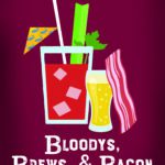 Cartoon graphic of a bloody mary in a glass, a glass of beer and strip of bacon.