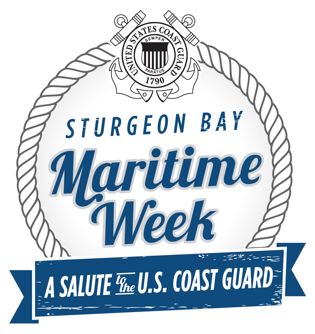 Sturgeon Bay Maritime Week, A Salute to the U.S. Coast Guard, surrounded by a rope circle, with "A salute..." in a blue ribbon.